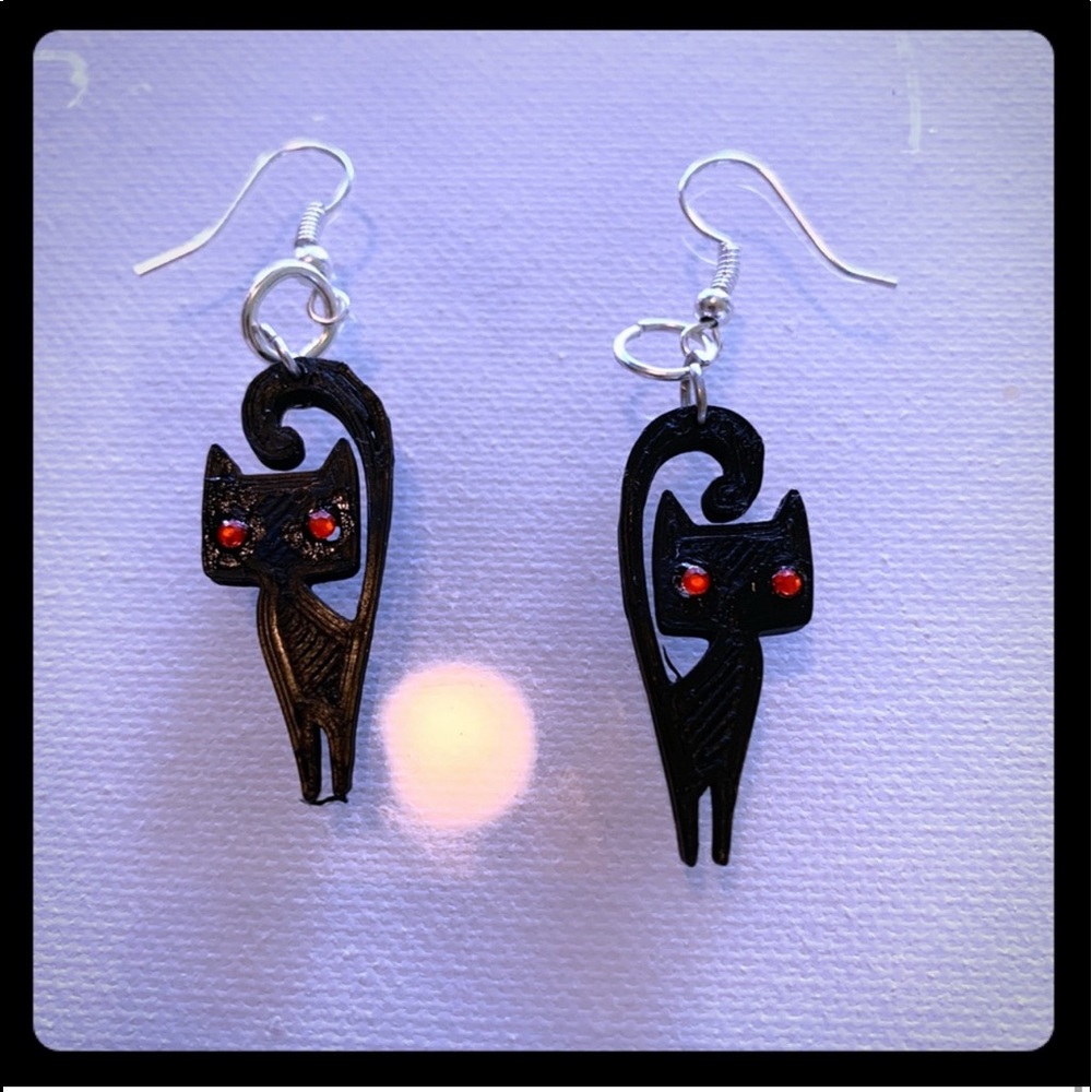 New Black Cat Handmade Artisan 3D Printed S925 Sterling Silver Dangle Earrings - Picture 6 of 7